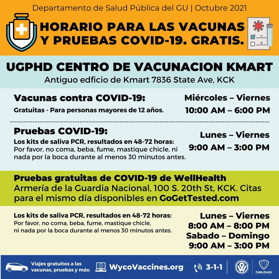 TelemundoKC's tweet image. Te compartimos el horario de octubre para las pruebas y vacunas contra el Covid-19 de @UGHealthDept en el centro de vacunación Kmart.

Para ver más horas y lugares visita el sitio web en español: bit.ly/WyCoPruebasCOV…

#vacunas #puebas #covid19 @CityofKCK