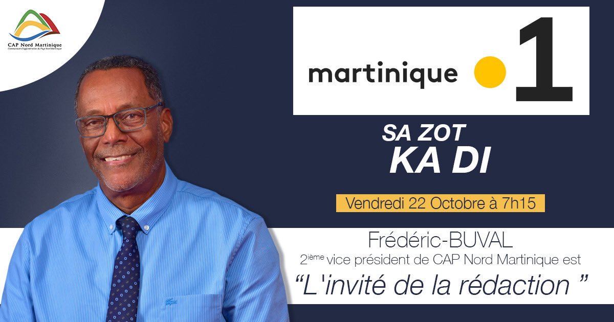 #MÉDIAS Ce vendredi 22 octobre, Frédéric BUVAL, 2ème vice-président de CAP Nord Martinique en charge de l'Aménagement du Territoire, de l'Habitat et des infrastructures est l'invité de la rédaction de Martinique La 1ère.
Il répondra aux questions de Bertrand CARUGE. 👇🏿