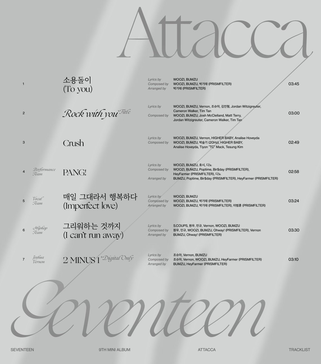 kofinity's tweet photo. SEVENTEEN (세븐틴) 9th Mini Album 'Attacca'
Track List

🎼2021.10.22 1PM (KST)
🎼2021.10.22 0AM (ET)

#세븐틴 #SEVENTEEN
#Attacca
#Rockwithyou
#SVT_Rockwithyou https://t.co/q1f6PcbWXo