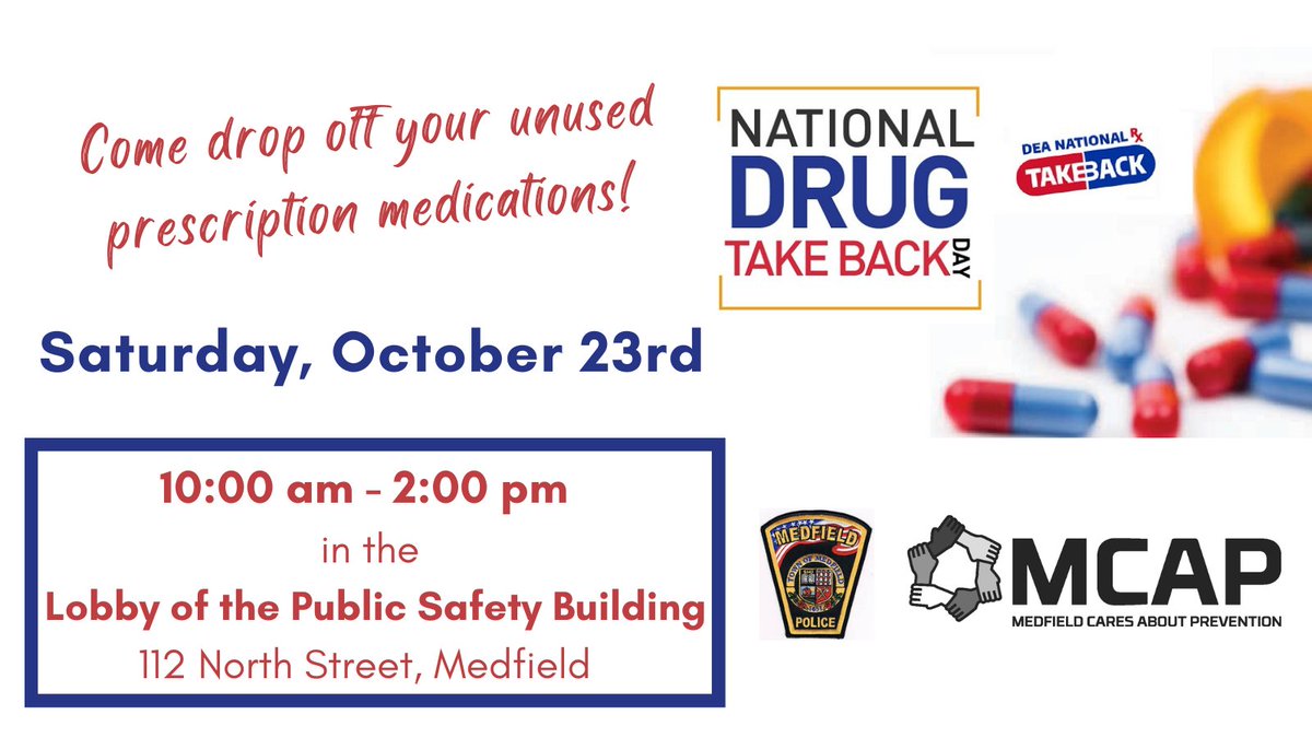 Saturday, October 23rd is National Prescription Drug Take Back Day! Come drop off your unwanted medications at the Public Safety Building between 10:00am and 2:00pm. #drugtakebackday