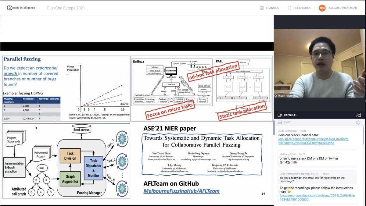 thuanpv_'s tweet image. This&apos;s me @ 1.15am Melb. time :) I presented AFLTeam, our systematic parallel #fuzzing framework, at #FuzzConEurope. Thanks @CI_Fuzz for organizing such a great event. Given its popularity and importance in large-scale security testing, parallel fuzzing deserves more attention !!