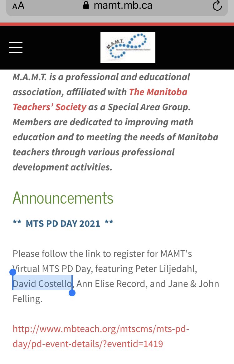 dr_costello's tweet photo. I’m excited to be a featured speaker at tomorrow’s @MBMAMT conference. I’ll be presenting four sessions. #MakingMathStick #usingwhatworks
This will be my first time presenting for the Manitoba Teachers Society. @PembrokePublish @rubiconpubs
https://t.co/FBd3txT05z https://t.co/Smjua73HFr