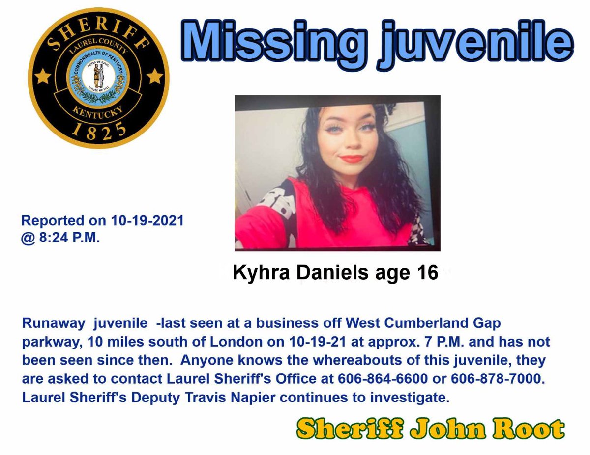 wave3news's tweet photo. IT TAKES 2 SECONDS TO SHARE! Investigators are looking for 16-year-old Kyhra Daniels from Laurel County.

Read more: https://t.co/OlitdT6lgI https://t.co/kFi76EiIEO