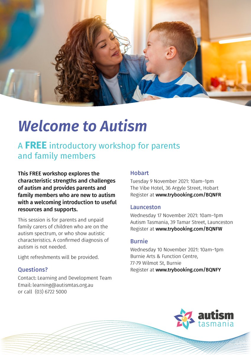 AutismTasmania's tweet photo. Has your child just received their diagnosis and you're feeling unsure of where to turn? Our free Welcome to Autism workshop explores the characteristic strengths and challenges of Autism. A confirmed diagnosis is not needed to attend. https://t.co/BhKzMpo4OE
