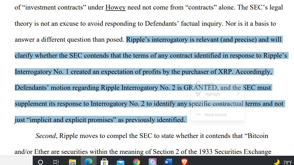 UH-OH. The SEC is going to be forced to admit that there is nothing in an of these contracts that created an expectation of profits by purchasers of XRP. That's a big problem for the SEC.

And also, most of Ripple's Requests for Admissions were stricken - but we expected that. :)
