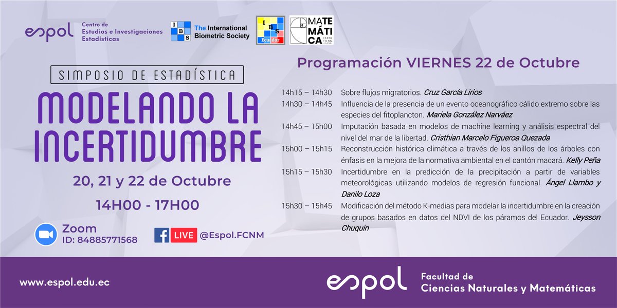 Programación del VIERNES 22 de octubre del Simposio de Estadística "Modelando la Incertidumbre". Los participantes expondrán temas en el área de multivariado, datos funcionales, entre otras. Te esperamos