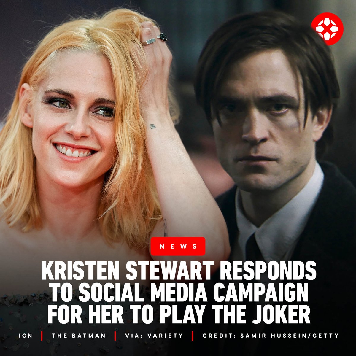 IGN's tweet photo. When asked if she'd want to play the Joker opposite Robert Pattinson's Batman, Kristen Stewart said "Let’s figure something else out. I’m totally down to play a freaky, scary person... Let's do something new." https://t.co/tG27d2N0Ir https://t.co/xFFKIDCVFp