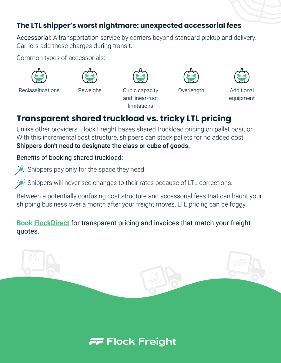 FlockFreight's tweet photo. The LTL shipper’s worst nightmare: unexpected accessorial fees. Don’t be spooked this season - #FlockDirect is your #haul-o-een treat. https://t.co/69EstbyJfq