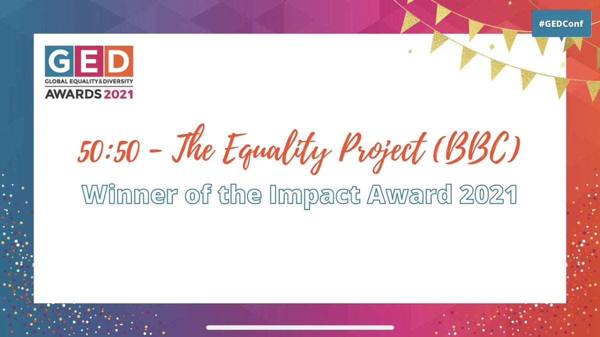 Nina_Goswami's tweet photo. Ding ding #5050Project family!!! Another award to celebrate your brilliant achievements!!! 

We’ve won the Impact category at the Global #Equality and #Diversity Awards!!! #gedconf 

Congrats to all at the @BBC &amp; across the partners network! 

#inclusion #equity https://t.co/FElxTekpza