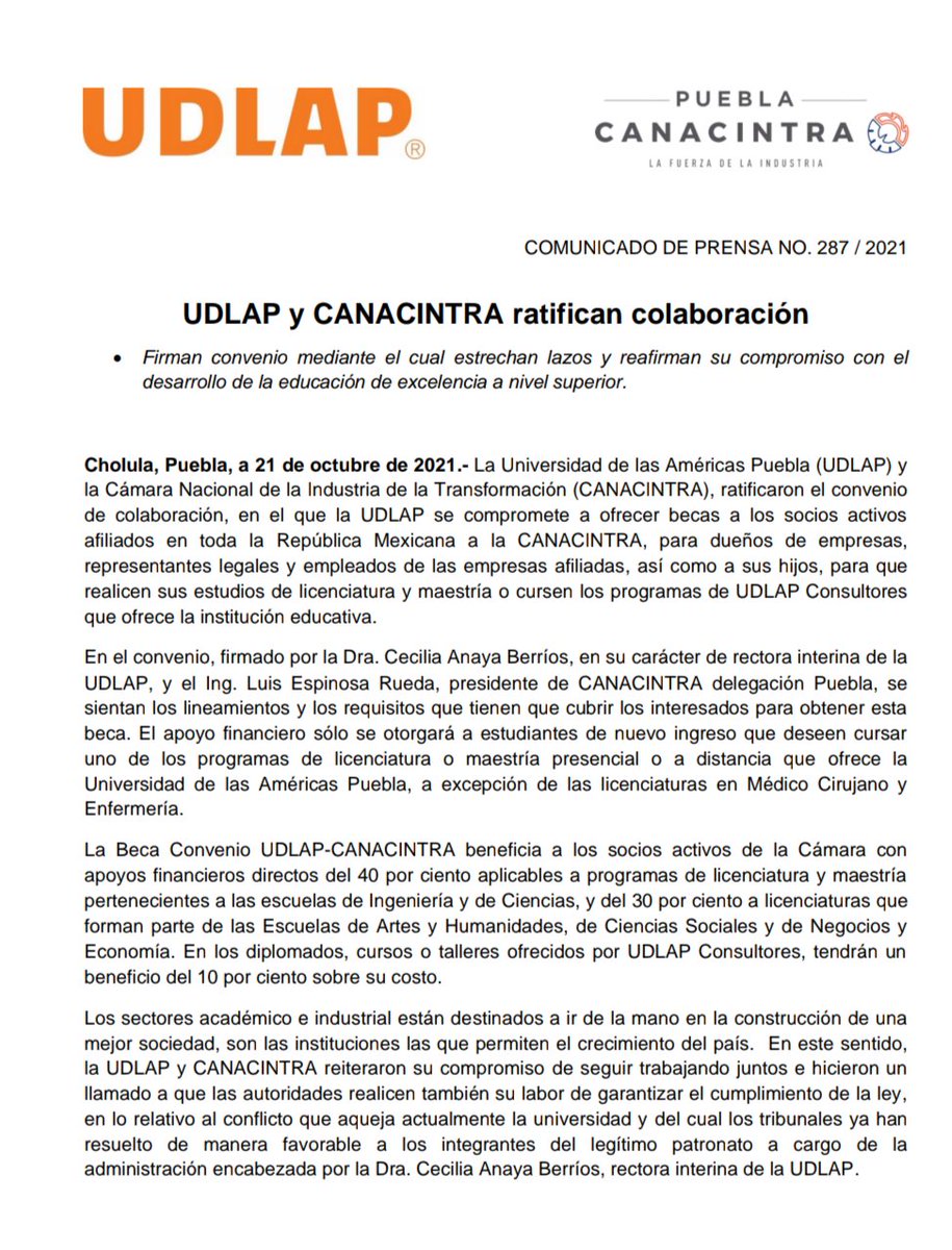 Esta tarde la <a href="/udlap/">UDLAP</a> y Canacintra Puebla, ratificaron el convenio de colaboración, en la que la universidad se compromete a ofrecer becas a los socios activos afiliados a la Cámara. #LaFuerzaDeLaIndustria #UDLAPlibre