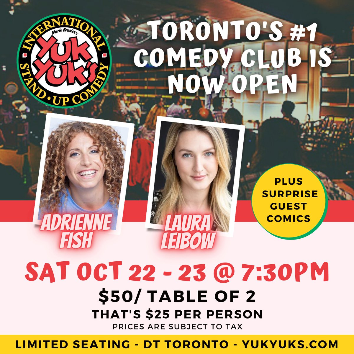SHOW ALMOST SOLD OUT. Buy tickets now: YukYuks.com/Toronto. Featured on both Comedy Central at Just For Laughs and CBC's "The Debaters", Adrienne Fish is spearheading THIS WEEKEND'S women-led show.

Proof of Vaccination Mandate in Effect. #Toronto #The6ix #TorontoComedy