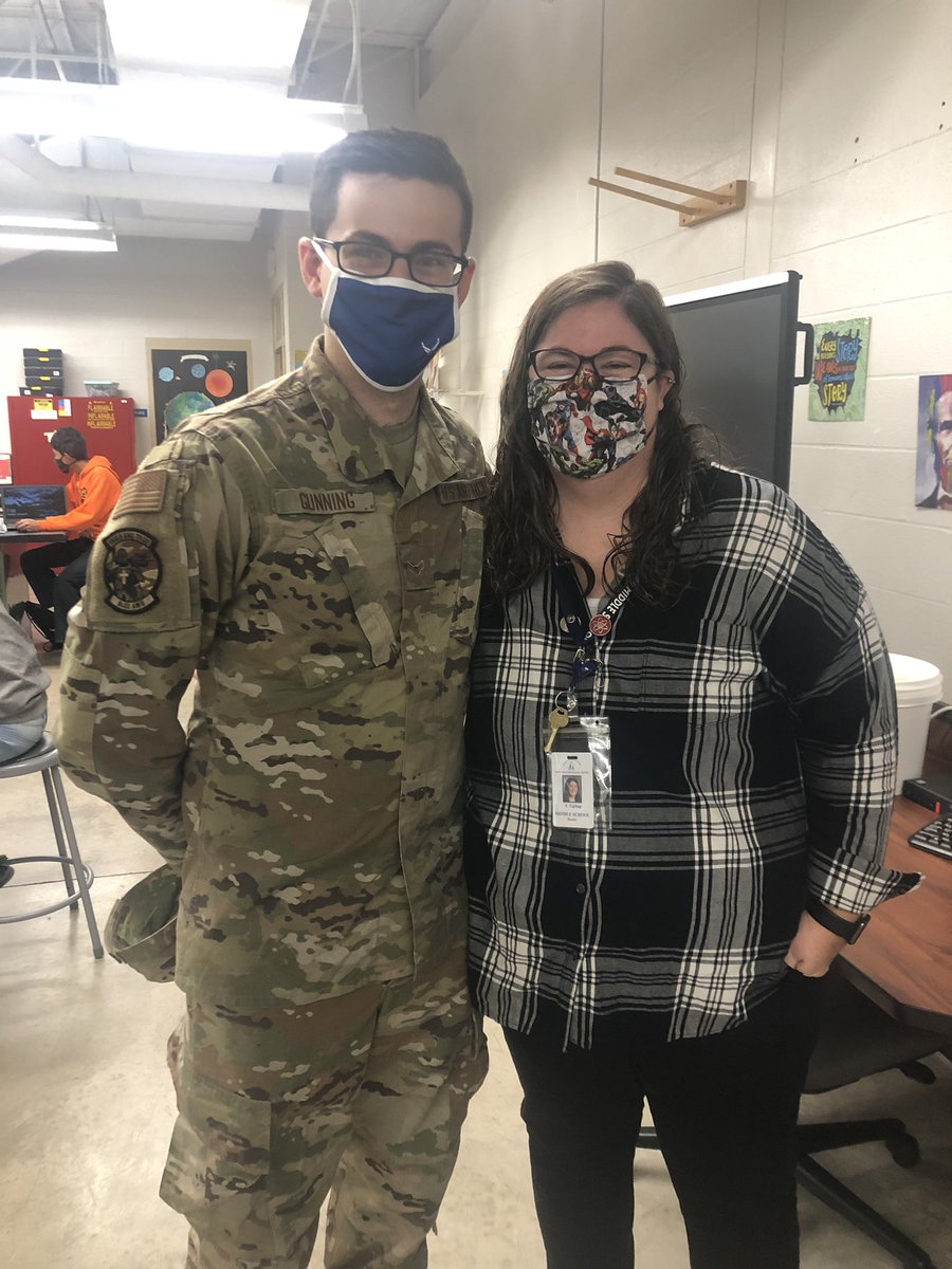 GallupWYMS's tweet photo. It’s always great seeing former students!  It’s even better when former students are able to speak to current students about how they can use the skills they are learning in class!  Thanks A1C Gunning for visiting with my students today! #wyasdproud https://t.co/adMQqR1wp9