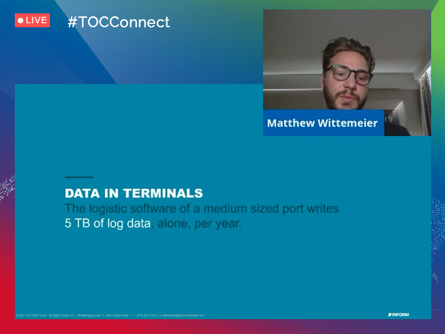 mundomaritimo's tweet photo. Matthew Wittemeier de Inform GmBh concluye el panel "Transforming Port Operations" de #TOCConnect #Americas con la presentación: "Transforming Terminal Operations: Leveraging AI & Optimization" @TOCWorldwide #MundoMaritimo @inform_software @M_IamThinking https://t.co/BkD8eeJeUE