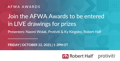 AFWANational's tweet photo. Protiviti and Robert Half are the proud sponsors of the AFWA awards. Join us LIVE for prize drawings Friday, Oct. 22 at 1pm ET. 

To learn more about our sponsors visit https://t.co/Rfh17cLCAs and https://t.co/CaV7GRRTXi https://t.co/AIYD4TlvJv