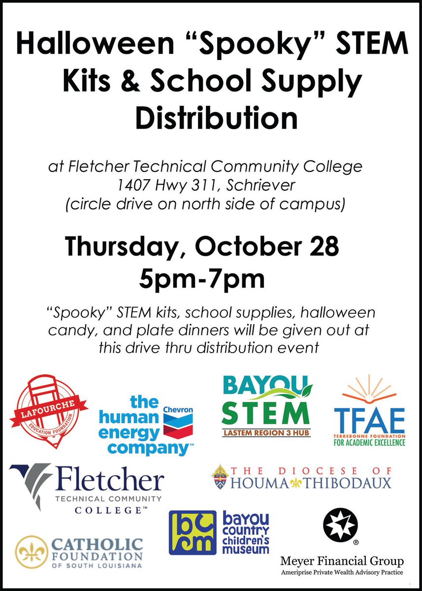 LA_Regents's tweet photo. Love STEM? 

Love Halloween?

Come visit @KimHunterReed and get a free “Spooky” STEM kit Oct. 28 at @FletcherCollege in Schriever.

#LaSTEM https://t.co/mJMPe88Wgg