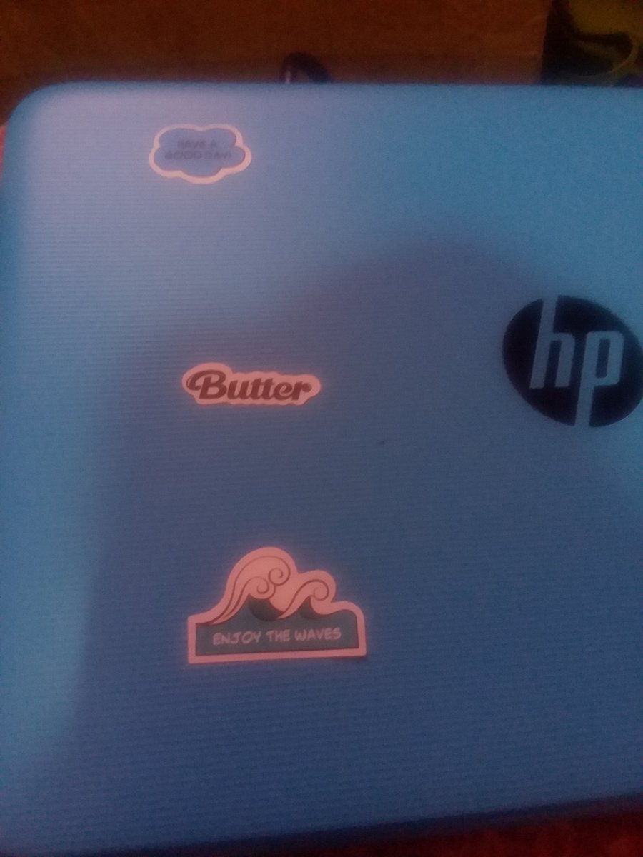 BTSArmyCreates's tweet photo. I put three stickers on my laptop!🙂💙🌊I know Jimin's favorite colors are blue and black!🙂💙Even though black is not a color! @bts_bighit @BTS_twt #BTS #Butter #ButterAlbum #Stickers #Laptop #BlueAndBlack #HaveAGoodDay #EnjoyTheWaves #BTSArmy https://t.co/TjwNLBfJae