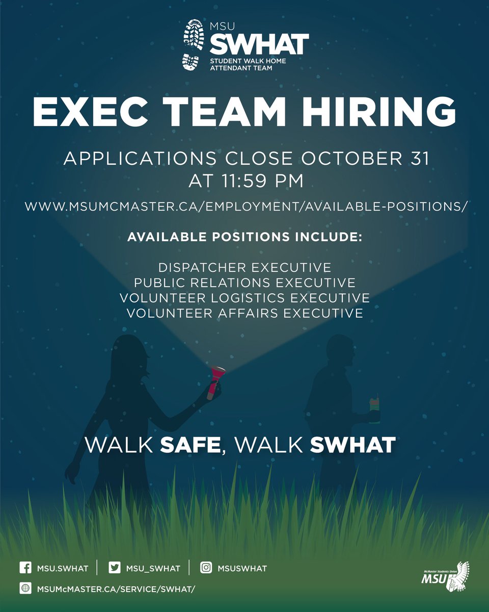 MSU_SWHAT's tweet photo. MSU SWHAT Executive Team Applications are open! Don’t miss your opportunity to be a part of this amazing service. Visit https://t.co/UqeRReazm1 to apply! Applications close Oct 31st at 11:59 PM. https://t.co/ikmJUnJGZ7