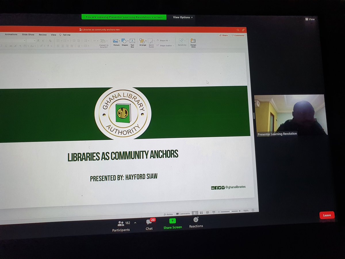 ramupetu's tweet photo. Ar #Library20 online mini-conference #librariesascommunityanchors over 180 people joined a paralel session to hear @hayfordsiaw sharing @ghanalibraries initiatives to #bridgedigitaldivide https://t.co/96XUC8XokQ