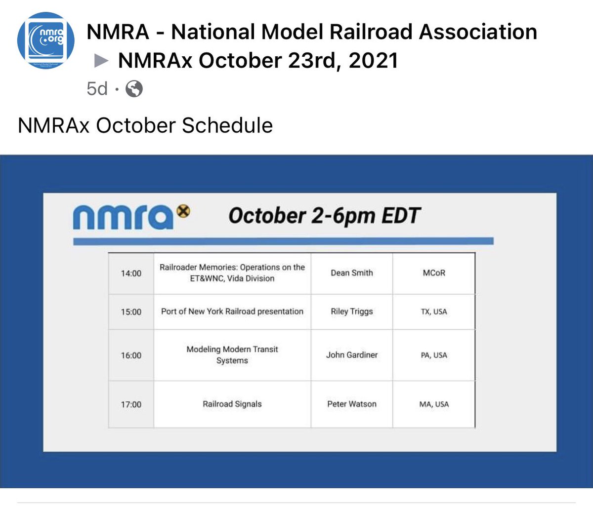 nmraonline's tweet photo. Another fun NMRA-X virtual event this Saturday. Check out these clinics. @fremodul @CayugaValley @yorkrwymodeller @DCCWiki @ApexPanthera @MojaveRailroad @ChicagoSubN @SantaFeAlways @CustomTrains @gdae3 @IMRROcom @jcsriptrack @galaxy_limited2 @TSGMultimedia https://t.co/UmHzU0qDqj