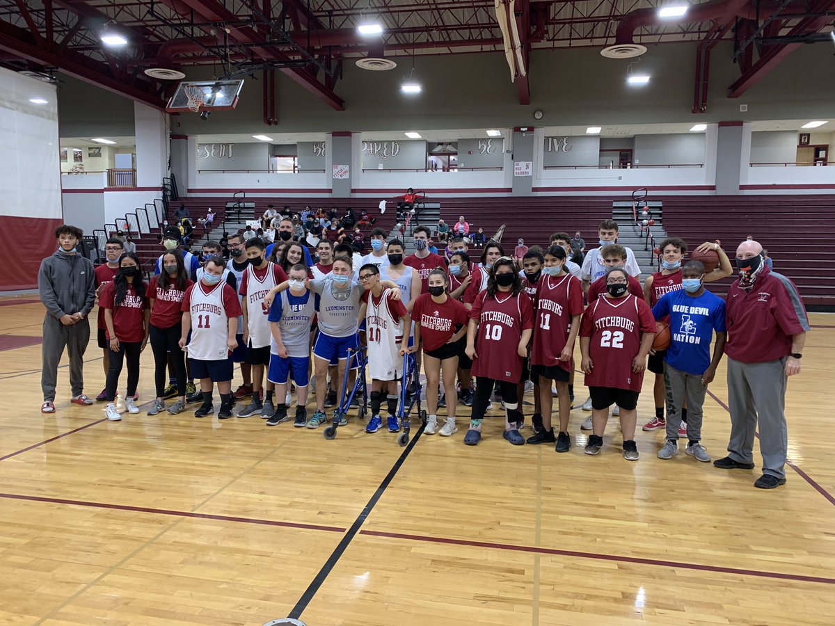FitchburgPS's tweet photo. What a fantastic day at Fitchburg High for the rivalry Unified 🏀 game between Fitchburg and Leominster. 
The athletes all left it on the court — a 41-34 @LeomAthletics win. 
Tremendous fan support by our students, and thanks to Mayor DiNatale for attending! 
@SpOlympicsMA https://t.co/NI2Wjh2Zey