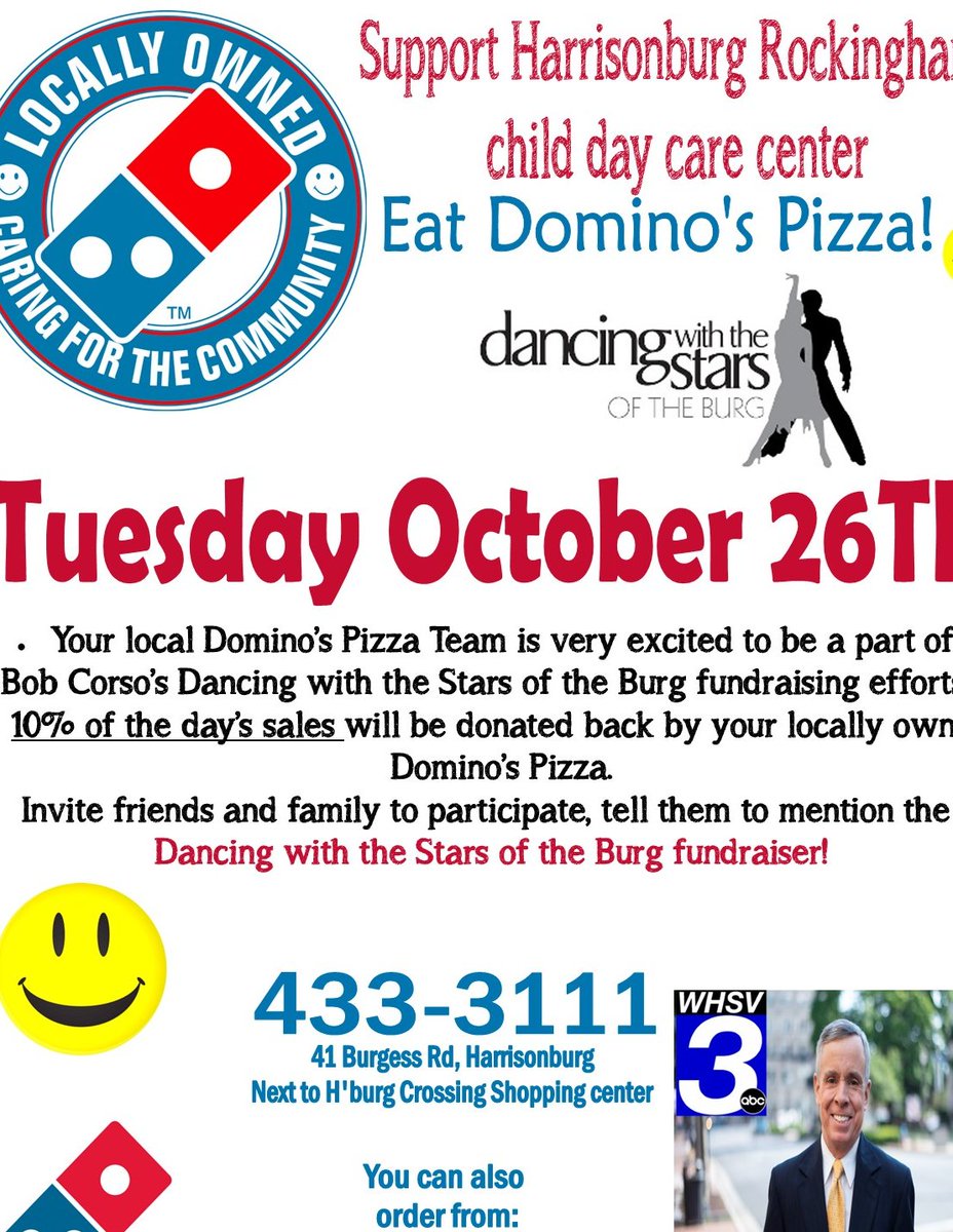 Order pizza on Tuesday, Oct. 26, from either Domino's in Harrisonburg, help Team Corso and the Day Care!
For more info and to donate directly, go to: whsv.com/dance