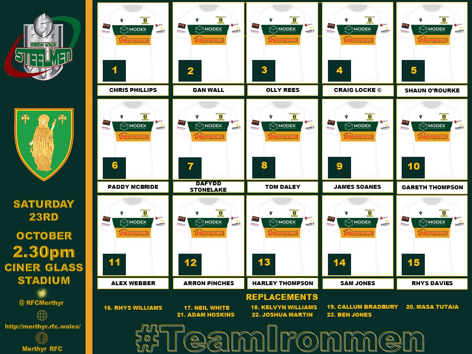 #TeamNews 

Our Ironmen23 for this weekend's trip into Gwent for the #IronvSteel clash

The Ironmen will look to #BackUp on last weekend and #LevelUp on the season opener

<a href="/evrfc/">Ebbw Vale Rugby</a>
📆 23rd October '21
🕝 2.30pm
📍 Ciner Glass Community Stadium 
🏆IndigoPremCup

#TeamIronmen🖤💛💚