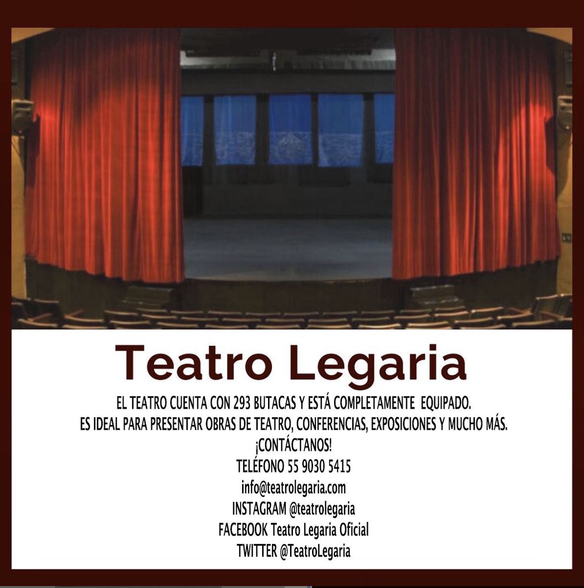¿Buscas un espacio? 🎭
¡Somos la solución!
Contáctanos al 55 9030 5415 
O en info@teatrolegaria.com 
Facebook Teatro Legaria 
@teatrolegariaoficial 
Twitter: <a href="/TeatroLegaria/">TeatroLegaria</a> 
🎭🎭🎭🎭🎭🎭🎭🎭
.

#teatrolegaria #teatrocdmx #teatro #eventos #rentadeteatros