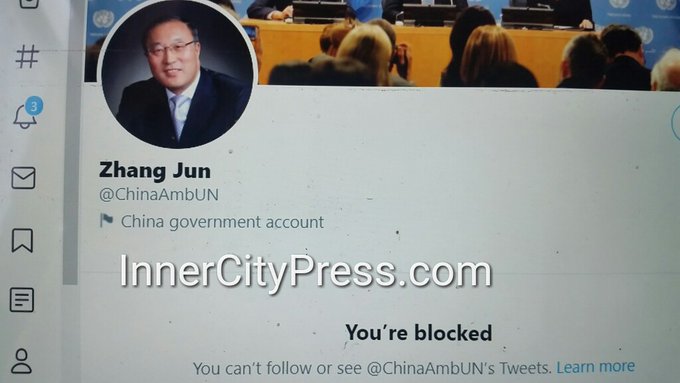 innercitypress's tweet photo. Now in UN Inner City Press is banned from by pro-China UNSG @AntonioGuterres @ChinaAmbUN who blocks Inner City Press on Twitter says #Taiwan has no right to participate in the UN, praises friendly scribes on "our joint contribution to the UN." #NgLapSeng #PatricHo https://t.co/n5JocFz6jB