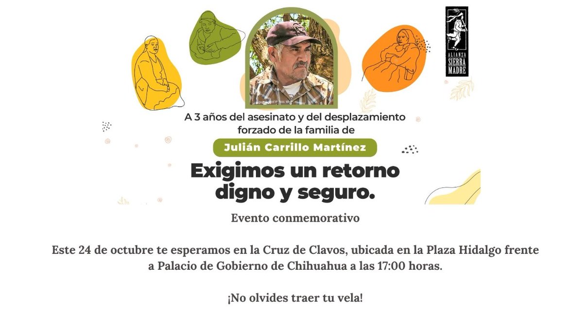 MalinchesLibres's tweet photo. 🔴¡No olviden traer su vela!

Este domingo 24 de octubre en la cruz de clavos a las 5 pm

¡Retorno digno y seguro para la familia de Julián Carrillo! ✊

#JusticiaIntegral #JusticiaParaLaSierraTarahumara
#SierraTarahumara https://t.co/IDhVkokpAx