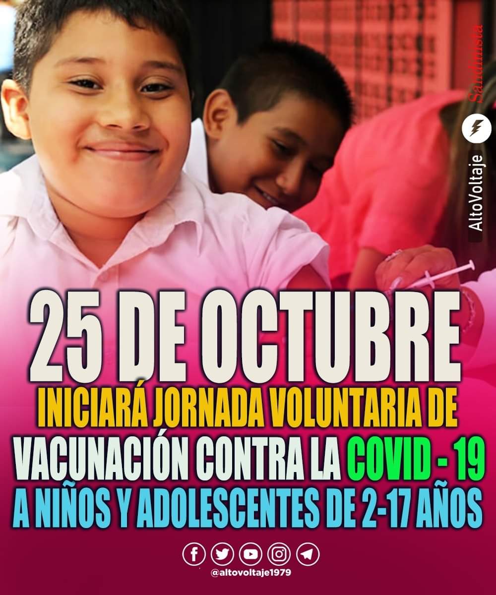 Inicia vacunación Voluntaria en todo el país a niños desde 2 hasta jóvenes de 17 años. Garantizando Nuestro Buen Gobierno vacunas para todos los rangos de edades en el país ✌❤🖤2️⃣
#VacunandonosPuebloQueVence 
#OctubreVictorioso 
#LeonRevolucion