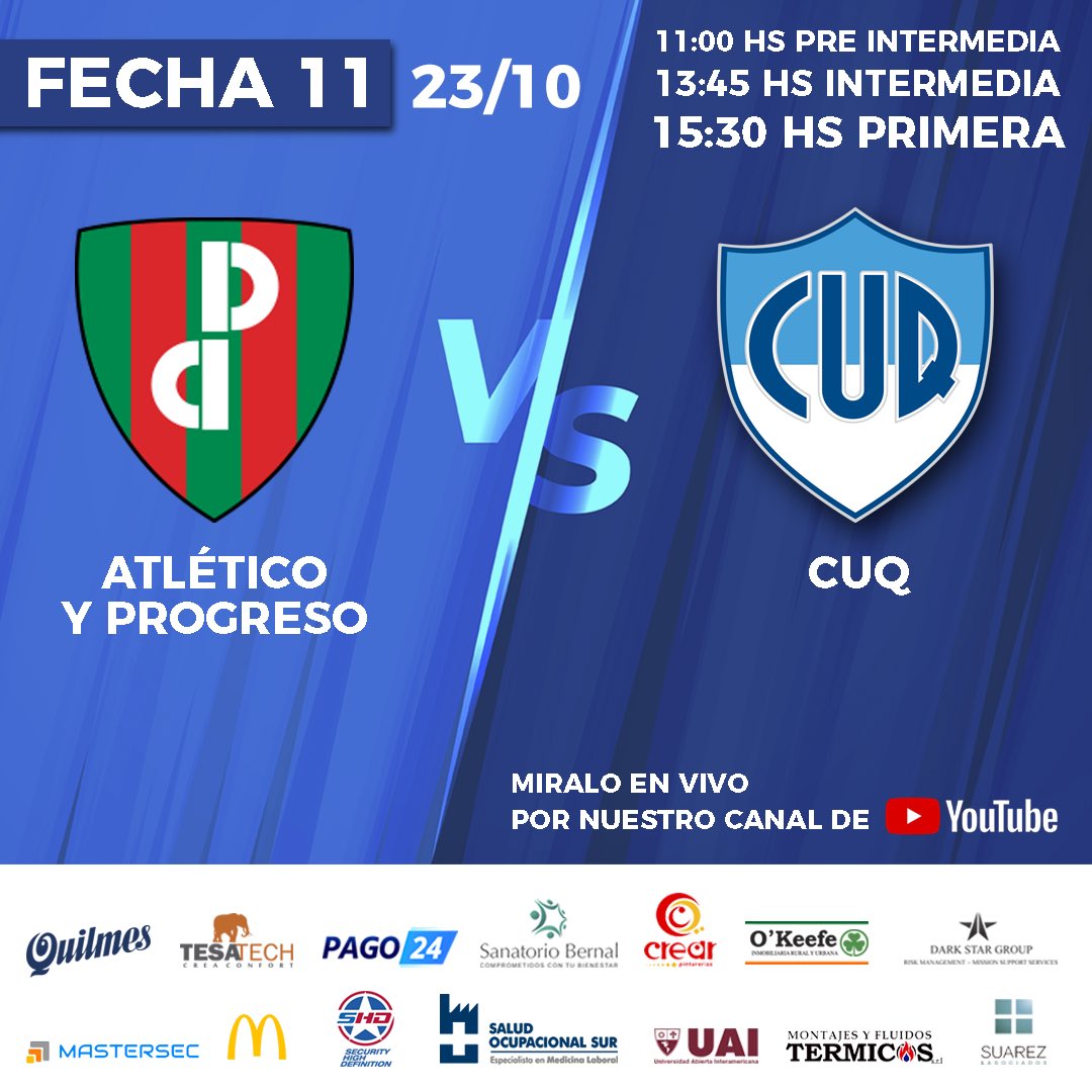FECHA 11!🏉
👉🏻Juega el CUQ de visitante vs. ATLÉTICO Y PROGRESO! <a href="/ayprugby/">Atletico y Progreso Rugby Club</a>
👉🏻La PRE INTERMEDIA juega de local vs. VICENTINOS @clubvicentinos

Vamos CUQ!!😀💪🏻 Alentá desde tu casa! Míralo por nuestro canal de YouTube! 👉🏻youtube.com/c/CUQTVoficial
