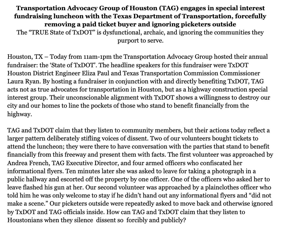StopTxDOTi45's tweet photo. PRESS STATEMENT: "Transportation Advocacy Group of Houston (TAG) engages in special interest fundraising luncheon with the Texas Department of Transportation, forcefully removing a paid ticket buyer and ignoring picketers outside" #TrueStateofTxDOT #StopTxDOTI45 #hounews #houston https://t.co/puDwt9Oizq
