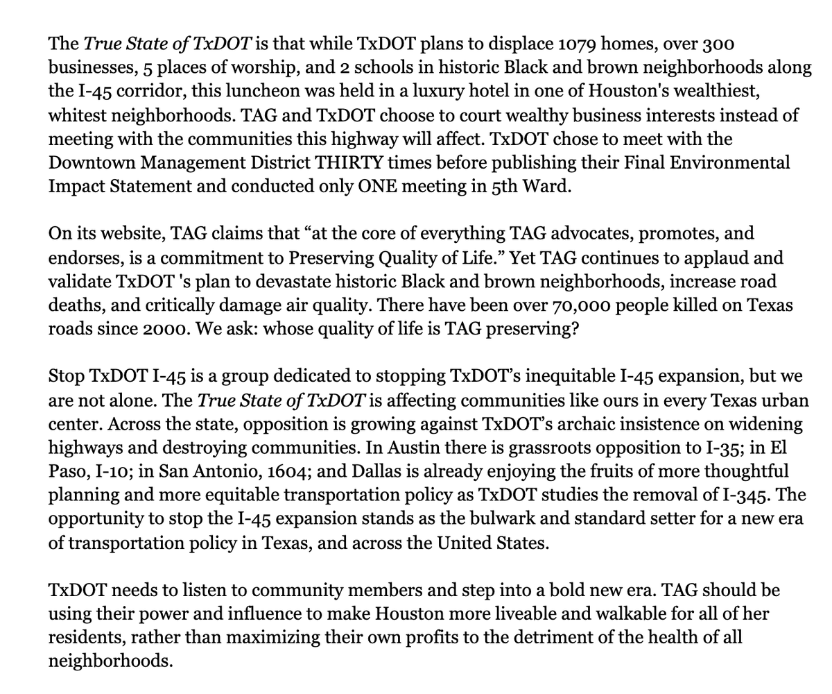 StopTxDOTi45's tweet photo. PRESS STATEMENT: "Transportation Advocacy Group of Houston (TAG) engages in special interest fundraising luncheon with the Texas Department of Transportation, forcefully removing a paid ticket buyer and ignoring picketers outside" #TrueStateofTxDOT #StopTxDOTI45 #hounews #houston https://t.co/puDwt9Oizq