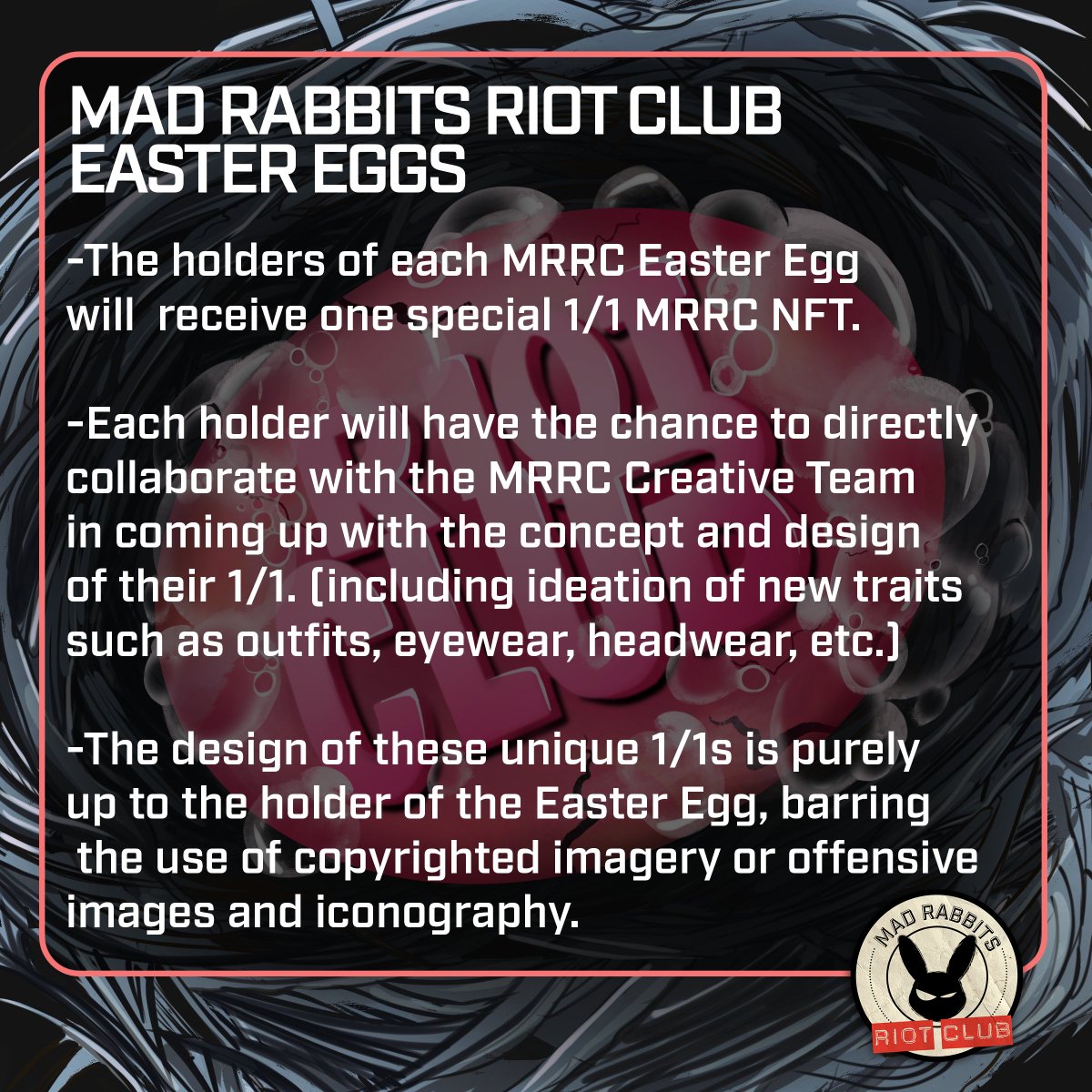 wow this is so sick!!! talk about community!
<a href="/MadRabbitsRC/">Mad Rabbits Riot Club 🥕</a> pulling off some never before seen tactics for the lucky minters of the lucky eggs get to work with the team and make their OWN 1/1 Mad Rabbit! 
#MRRC #MadRabbits #NFTs #custom