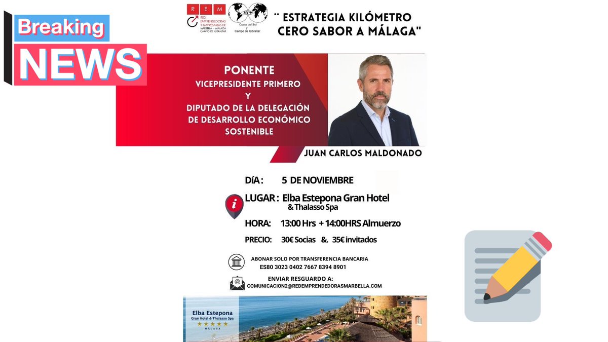 REMMARBELLA's tweet photo. #NETWORKING #Estepona                   5 deNoviembre                               ElBa Estepona Gran Hotel                           Ponente :                                           Don Juan Carlos Maldonado Vicepresidente Primero Diputación de Málaga     INFORMACIÓN 👇🏼👇🏾👇🏾 https://t.co/6mbZtFv68L