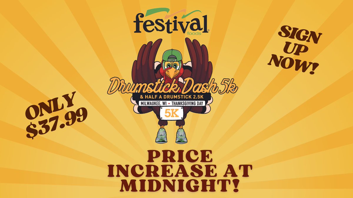 PRICE INCREASE TONIGHT!
Sign your family up today for Milwaukee's Favorite Family Thanksgiving Tradition!
Only $37.99!
Check out all this SWAG!
🍗 Pocket Hoodie
🍗Mini Pumpkin Pie
🍗Brewers Bobblehead
🍗5K or 2.5K option
🍗Free Parking 
REGISTER HERE-buff.ly/2YpWUx1