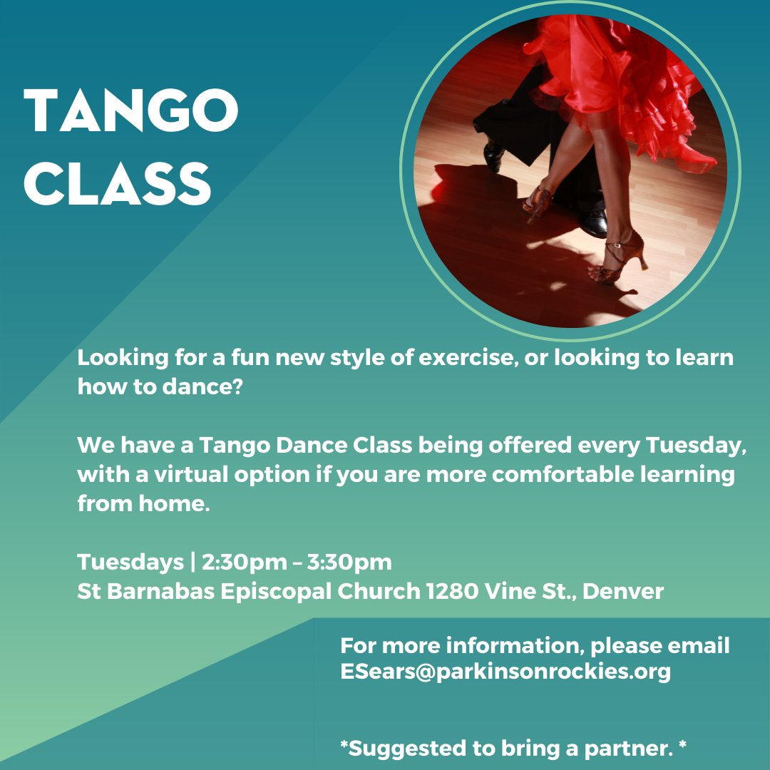 Looking for a fun new style of exercise, or looking to learn how to dance?

We have a Tango Dance Class being offered every Tuesday, with a virtual option if you are more comfortable learning from home.

For more information, please email Emma at ESears@parkinsonrockies.org