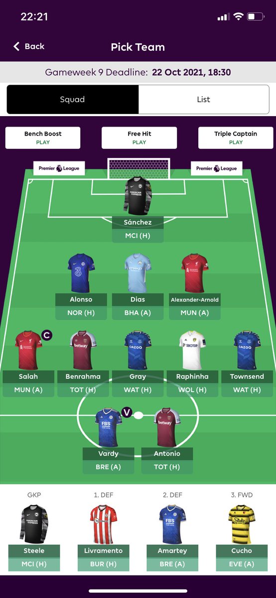 FPLTips7's tweet photo. Team for the start of the next gameweek! Had to take my first -4 to replace Lukaku with Vardy. Townsend also comes in for Jota. Might change the captaincy choice however https://t.co/MKLYfwJPas