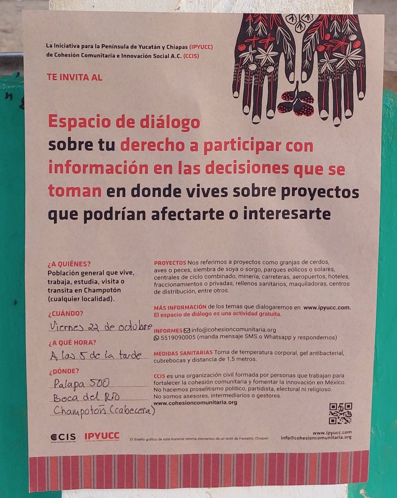 🔔🗣¡Población champotonera! La #IPYUCC les invita al espacio de diálogo sobre su derecho a participar en decisiones de proyectos que podrían afectarles o interesarles. Mañana viernes 22 de octubre de 5 a 7 pm en la Palapa 500 (Boca del Río) en #Champotón cabecera 🛶