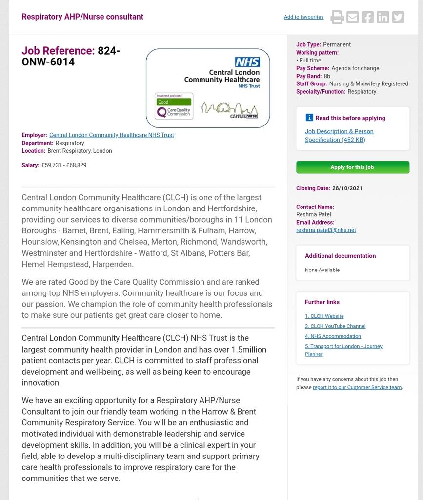 mariabuxton2 (@mariabuxton2gm1) on Twitter photo Fantastic opportunity
New Respiratory AHP/NSE Consultant post created for community respiratory services across 2 London boroughs
Please look and apply ๐๐๐
Please share widely
jobs.nhs.uk/xi/vacancy/916โฆ
<a href="/RespiClaire/">Claire Collins</a> <a href="/sogie131/">Sogie @Respiratory</a> <a href="/PLANRespiratory/">PLAN</a> <a href="/londonprnetwork/">LondonPRNetwork</a> <a href="/ARNS_UK/">ARNS</a> <a href="/TheACPRC/">ACPRC</a> Fantastic opportunity
New Respiratory AHP/NSE Consultant post created for community respiratory services across 2 London boroughs
Please look and apply ๐๐๐
Please share widely
jobs.nhs.uk/xi/vacancy/916โฆ
<a href="/RespiClaire/">Claire Collins</a> <a href="/sogie131/">Sogie @Respiratory</a> <a href="/PLANRespiratory/">PLAN</a> <a href="/londonprnetwork/">LondonPRNetwork</a> <a href="/ARNS_UK/">ARNS</a> <a href="/TheACPRC/">ACPRC</a>