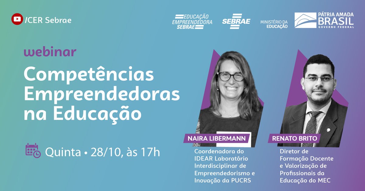 Desenvolver habilidades empreendedoras desde cedo pode ser determinante para um sucesso no futuro. Participe do webinar “Competências Empreendedoras na Educação”, promovido pelo Sebrae e Ministério da Educação. Acesse bit.ly/compeduca  #EducaçãoEmpreendedora
