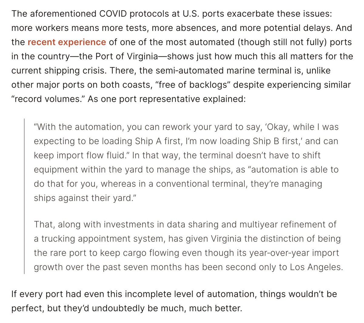 AlecStapp's tweet photo. Unlike other major ports on both coasts, the Port of Virginia remains free of backlogs despite experiencing similar record volumes.

How?

It's one of the most automated ports in the country. https://t.co/UAoHZW7mTa