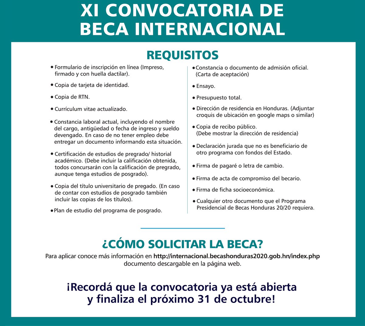 BecasHN2020's tweet photo. Si ya has sido aceptado en alguna de las mejores universidades del mundo y te encontrás cursando tu programa de estudio o lo inciarás a más tardar mayo 2022, ¡aplicá ya!

Recordá que solo se recibirán aplicaciónes para estudios de postgrados .

https://t.co/6HokmTeXWn https://t.co/K4IzLlKnGU