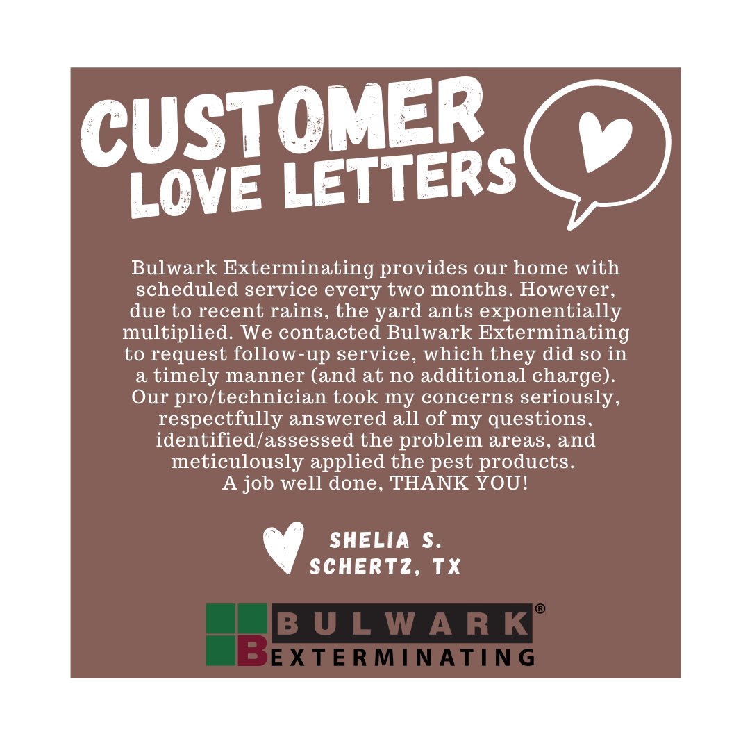 We've got another Customer Love Letter ❤️
If you're ready to ensure that your home becomes bug-free and protected by the best, give us a call! 📞 (844) 415-2314 - Ask about our Instagram special for a discount on your initial service!
#bulwarkexterminating #bugfreeandhappy