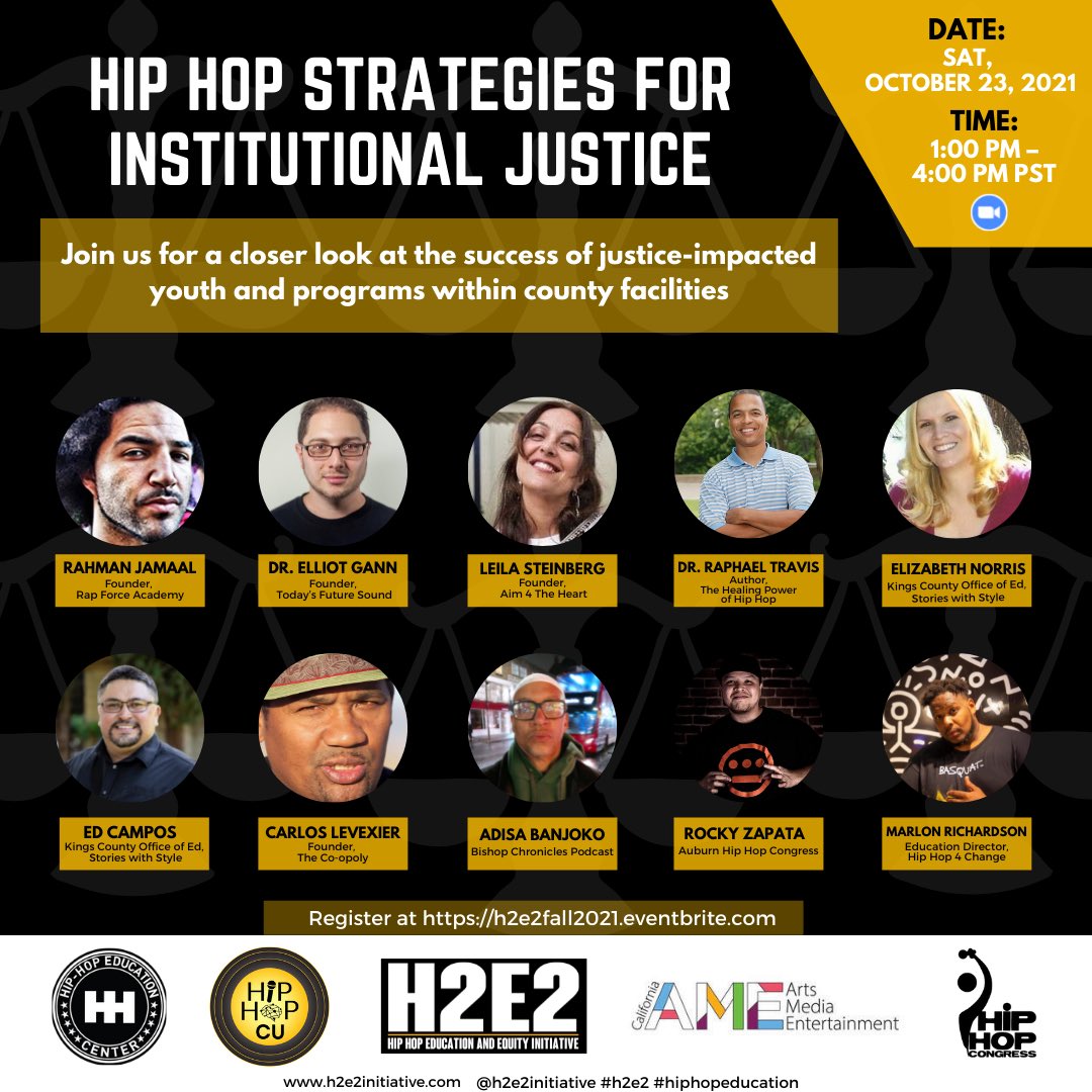 HipHopCongress's tweet photo. Don’t forget to register for the H2E2 Fall Symposium at https://t.co/pE3I9MCbUl where these amazing guests + more will be discussing the future of education and juvenile justice. #HipHopEducation #HipHopEd #H2E2 https://t.co/XpW1Askcnk