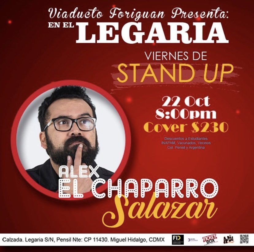 ⭐️Viernes de StandUp en Teatro Legaria⭐️
Mañana 22 de octubre estará
<a href="/soyelchaparro/">Chaparruco Salazar</a> ⭐️
🎭 ¡No te lo puedes perder! 🎭

Adquiere tus boletos en
teatrolegaria.com 

<a href="/el_erikol/">Sr. de las Carnes</a>  #standupcomedy
#standupenellegaria #viernesenlanoche
#viernesdestandupcomedy #teatrolegaria