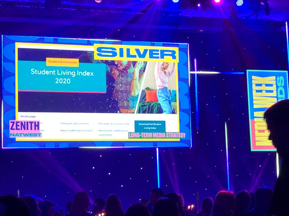 Zenith_Media_UK's tweet photo. We won two awards tonight at the #MediaWeekAwards ceremony! Silver 🥈 for our work on the Student Living Index campaign, and Bronze 🥉 for Island Saver, both for @NatWestBusiness. Congrats to all the other winners tonight! 👏  @MediaWeekAwards https://t.co/HrQ9UFVLG3