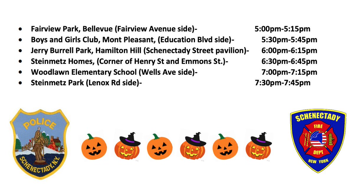 Schenectady Schools (@scschools) on Twitter photo 🎃 Join members of <a href="/schdypolice/">Schenectady Police</a> <a href="/SchenectadyFire/">Schenectady Fire Department</a> for this year’s SCARE-nectady Haunted Patrol
A parade of decorated 🚒🚓will make stops throughout the city next Thursday, Oct 28 with🍬 Candy, coloring books, and high visibility trick-or-treating bag giveaways at each stop. 🕰⬇️ 🎃 Join members of <a href="/schdypolice/">Schenectady Police</a> <a href="/SchenectadyFire/">Schenectady Fire Department</a> for this year’s SCARE-nectady Haunted Patrol
A parade of decorated 🚒🚓will make stops throughout the city next Thursday, Oct 28 with🍬 Candy, coloring books, and high visibility trick-or-treating bag giveaways at each stop. 🕰⬇️