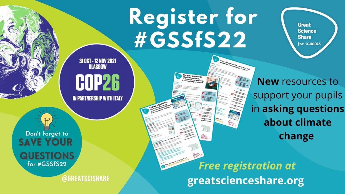 It is time to register for the Great Science Share 2022! Sign up now and get access to new resources linked to the COP26 themes ￼ tinyurl.com/GSSfS-COP26 ￼
#GSSfS2022 #GreatSciShare #COP26
Ask a question – Investigate – Share!