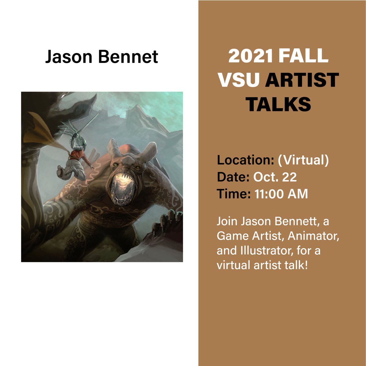 VSUarts's tweet photo. Jason Bennett is having a virtual artist talk tomorrow at 11am hope to see everyone there! https://t.co/xD2JEFrd8w